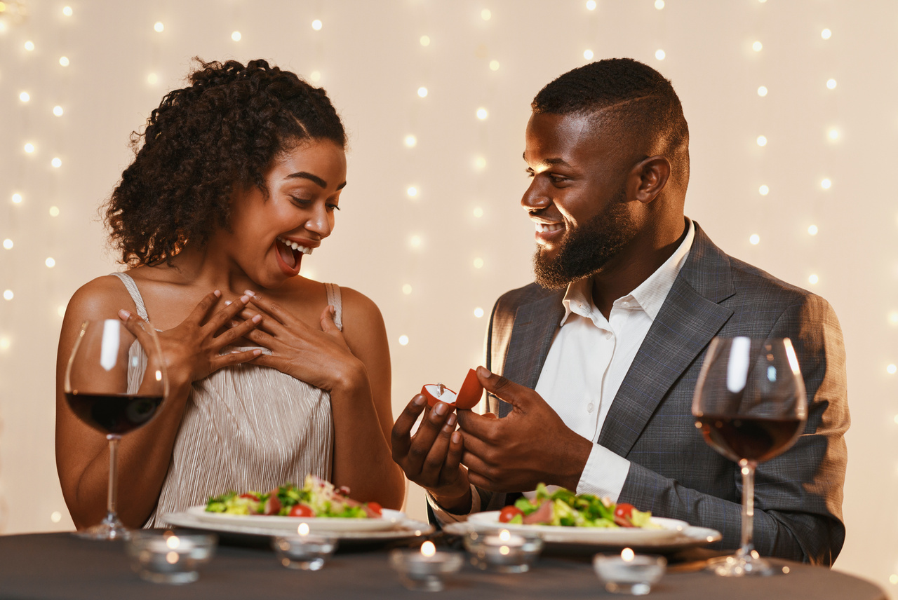 Man making marriage proposal to his surprised woman